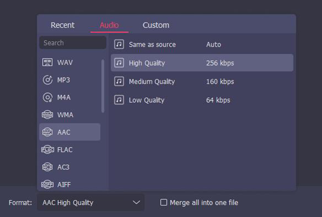 choose youtube music output format on your needs