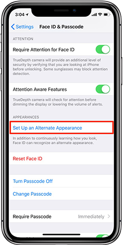 add alternate appearance to fix iphone keeps asking for passcode to enable face id