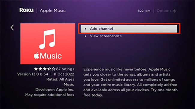 add apple music channel roku tv