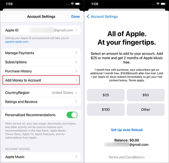 add money to account on iphone