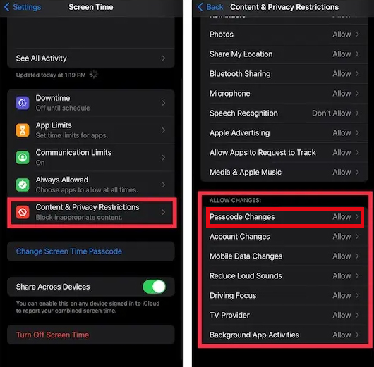 allow passcode changes on family sharing organizer iphone