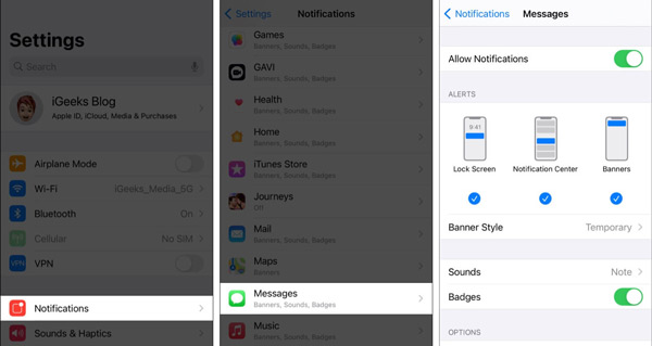 how to turn on text notifications on iphone