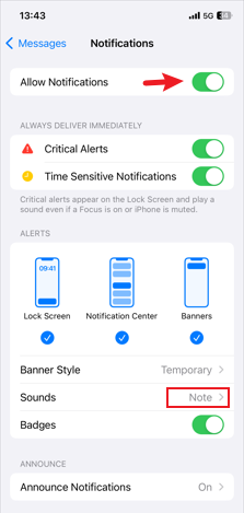 allow notifications in messages app