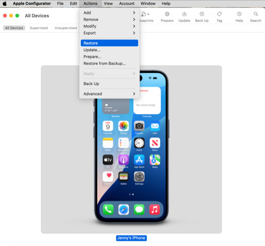apple configurator actions options
