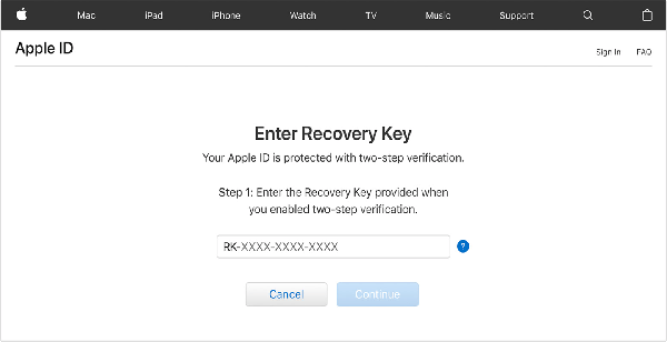 find apple id password on via recovery key