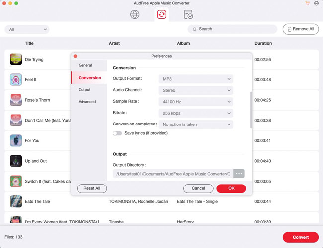 audfree apple music converter set output format