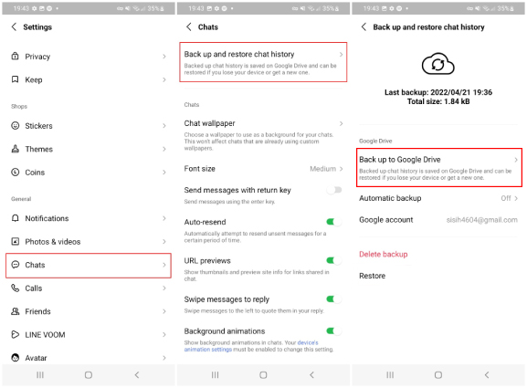back up line on android