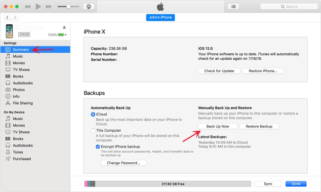 back up iphone data via itunes