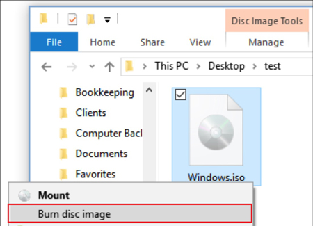 select burn disc image on windows