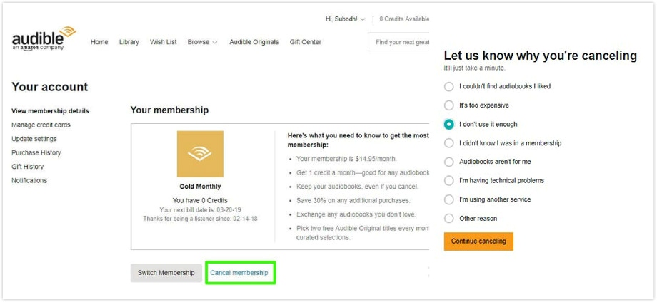 cancel audible member ship
