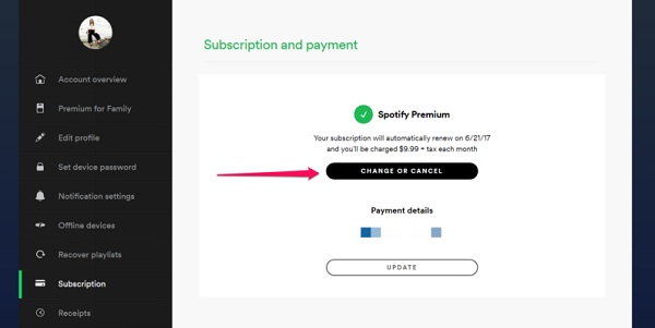 Cancel spotify premium on app