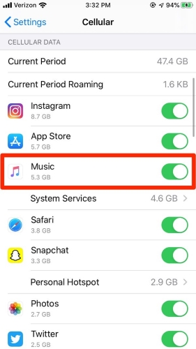 check cellular data if cant download apple music songs