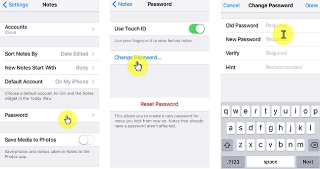 change iphone notes password