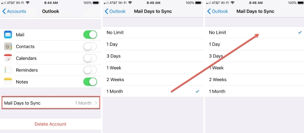 change mail days to sync iphone