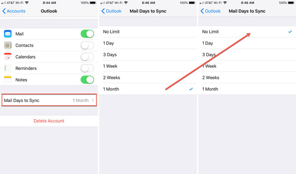 change mail days to sync when iphone emails disappear