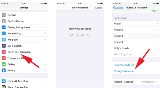 chang screen lock passcode on iphone via settings