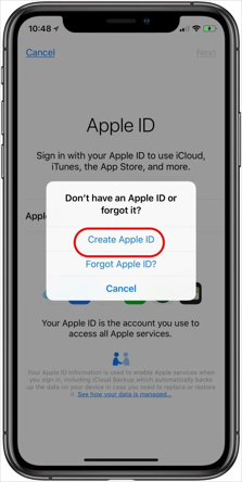 create apple id via settings