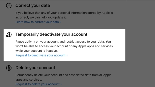 deactivate apple account temporarily