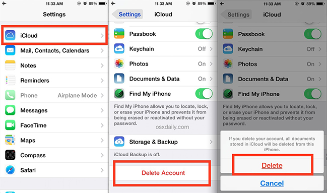 delete an icloud account from ios 9 or earlier