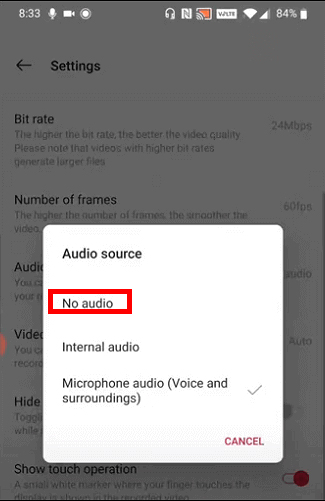 choose no audio option to record video