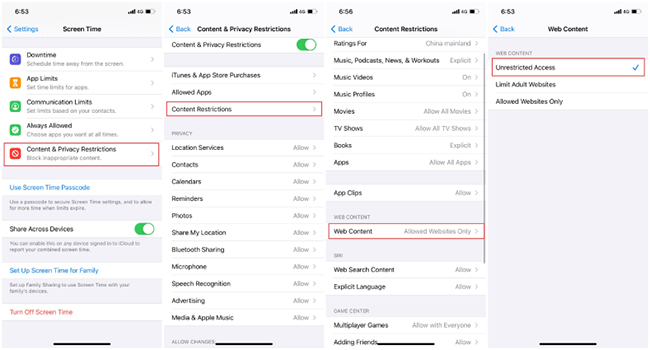 unblock websites on iphone via screen time settings