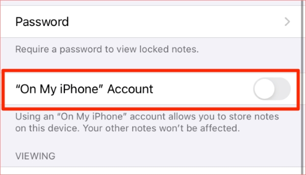 disable notes local storage iphone
