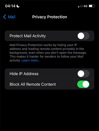 disable privacy content in mail