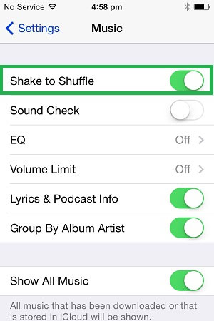turn off the shake to shuffle feature on iphone