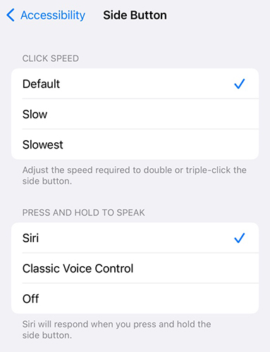 disable side button for using voice control