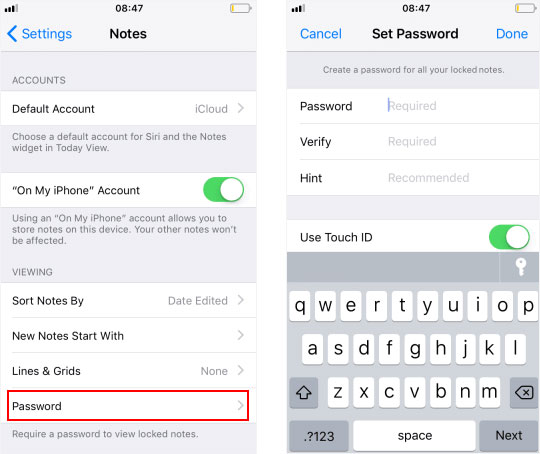 disable touch id on notes