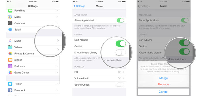 enable icloud music library on iphone