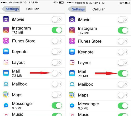 enable mail under cellular data