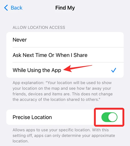 enable precise location on find my app