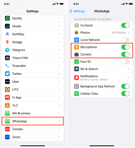 enable camera and microphone for whatsapp