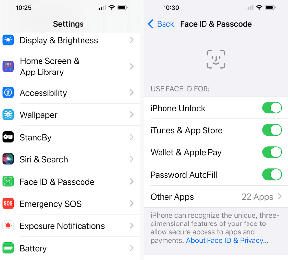 disable and enable face id for itunes and app store