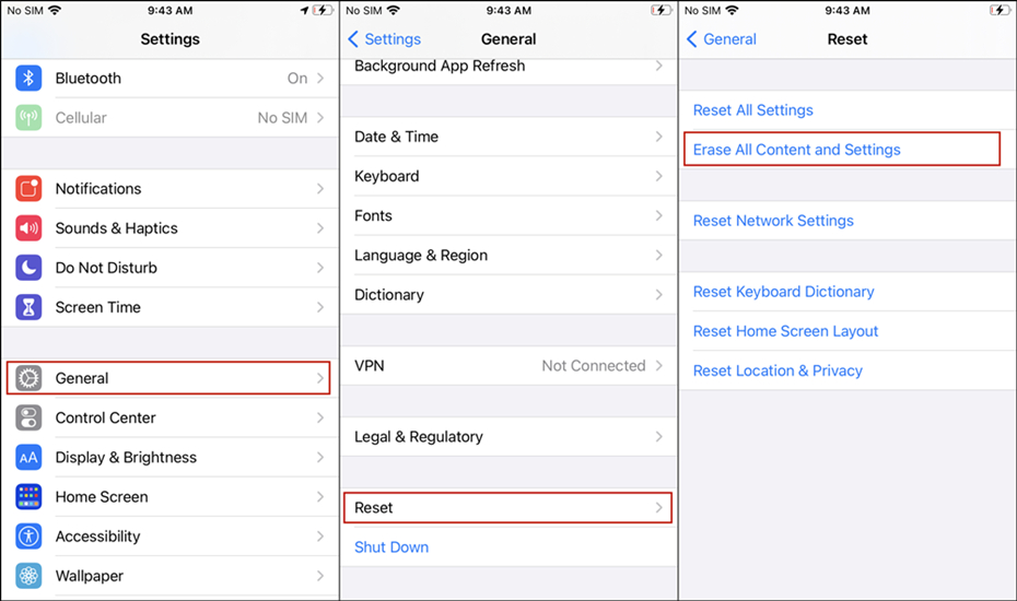 factory reset iphone via settings