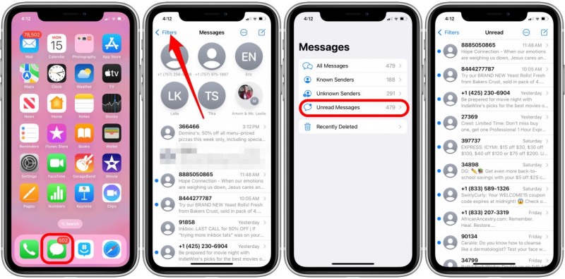 find unread text messages on iPhone