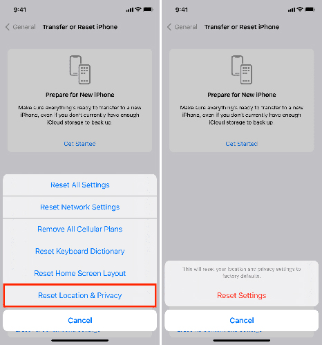 reset location and privacy