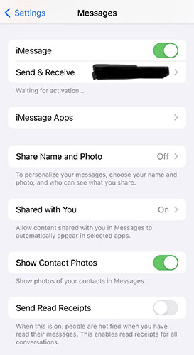 enable imessage settings with phone number