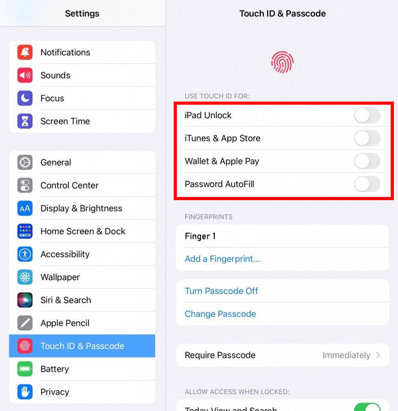 turn off and on touch id settings on ipad