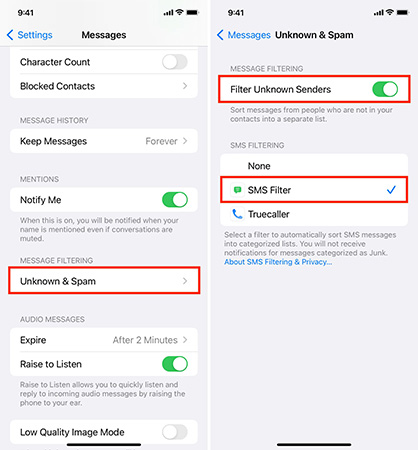 iphone filter unknown senders