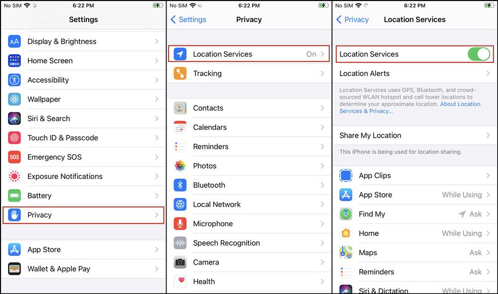 turn on location services in settings app