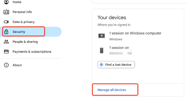 manage all devices on google account security settings