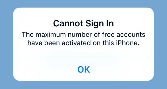 cannot sign in error maximum number of icloud accounts activated