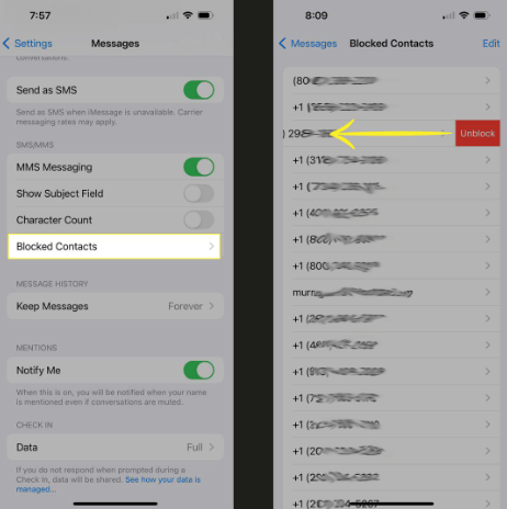 check messages blocked contacts