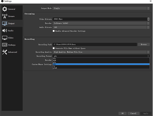 set output paramater for video recording