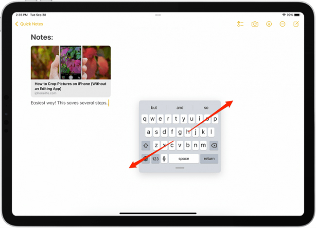 perform a reverse pinch gesture to fix keyboard in middle of screen on ipad