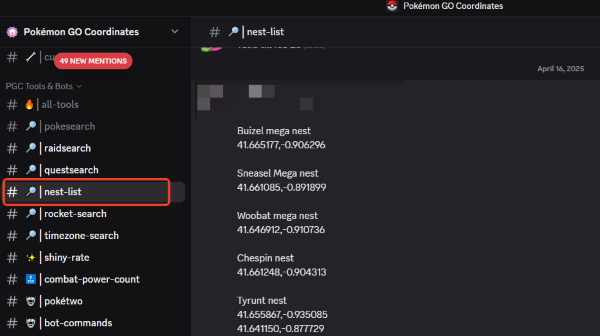 pokemon go nest coordinates shared on discord channels
