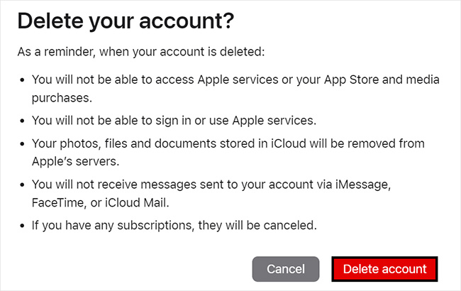 privacy apple com delete account confirm action