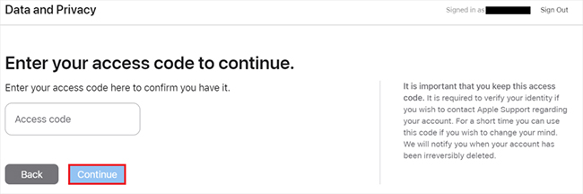 privacy apple com delete account save access code